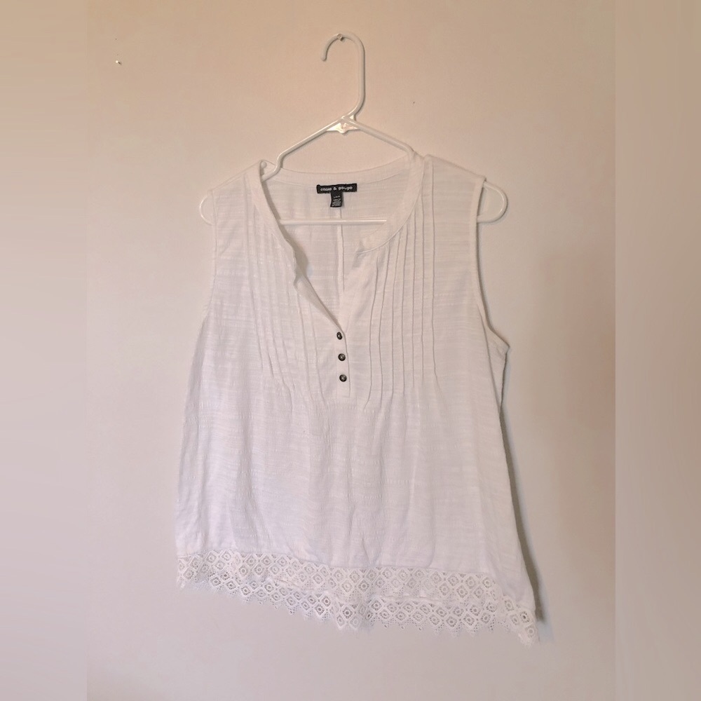 White Sleeveless Lightweight Summer Top with Lace Hem